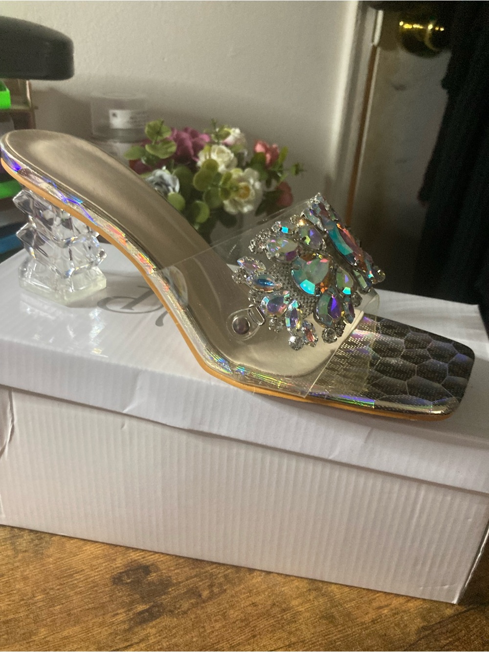 Crystal Embellished Clear Mule Sandal - Iridescent